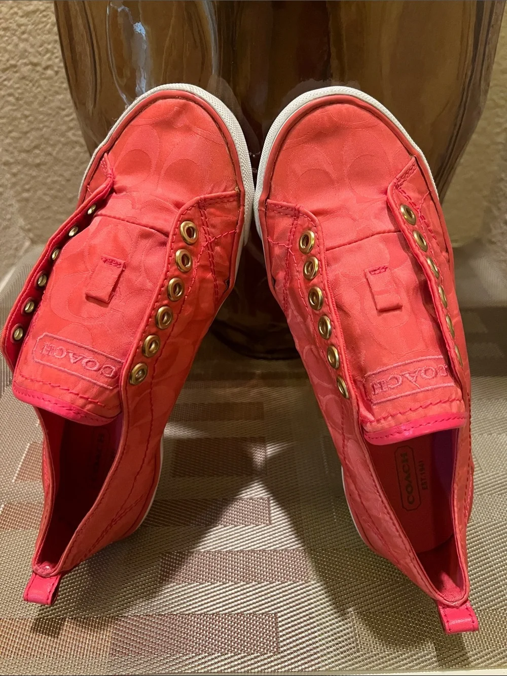 Coach Coral Pink Signature Canvas Slip-On Sneakers